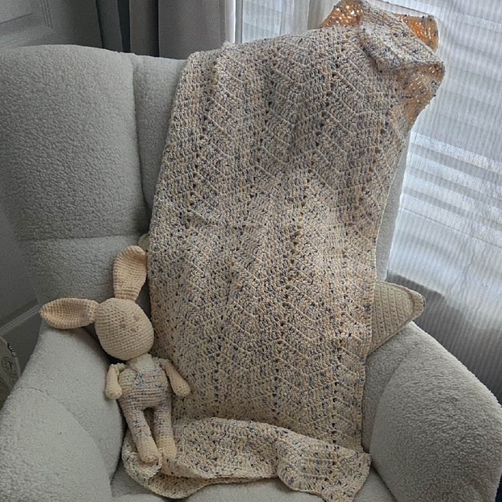 Cozy Cream Knit Blanket with Bunny Toy